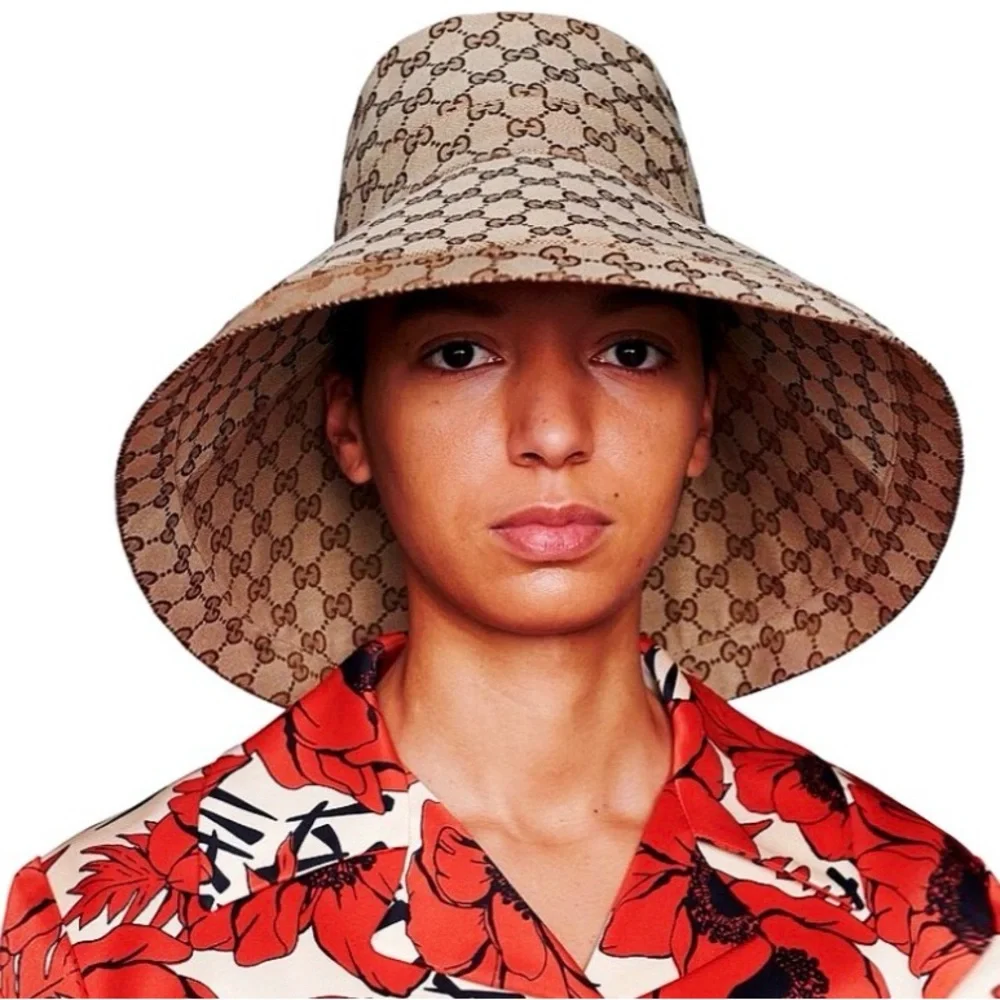 Gucci GG Beige Monogram Bucket Hat Wide Brim Large Trim Stiff Canvas Jacquard - Picture 10 of 15